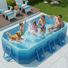 LOMOTIVE pool with unfolded metal-frame for quick, stable backyard setup.