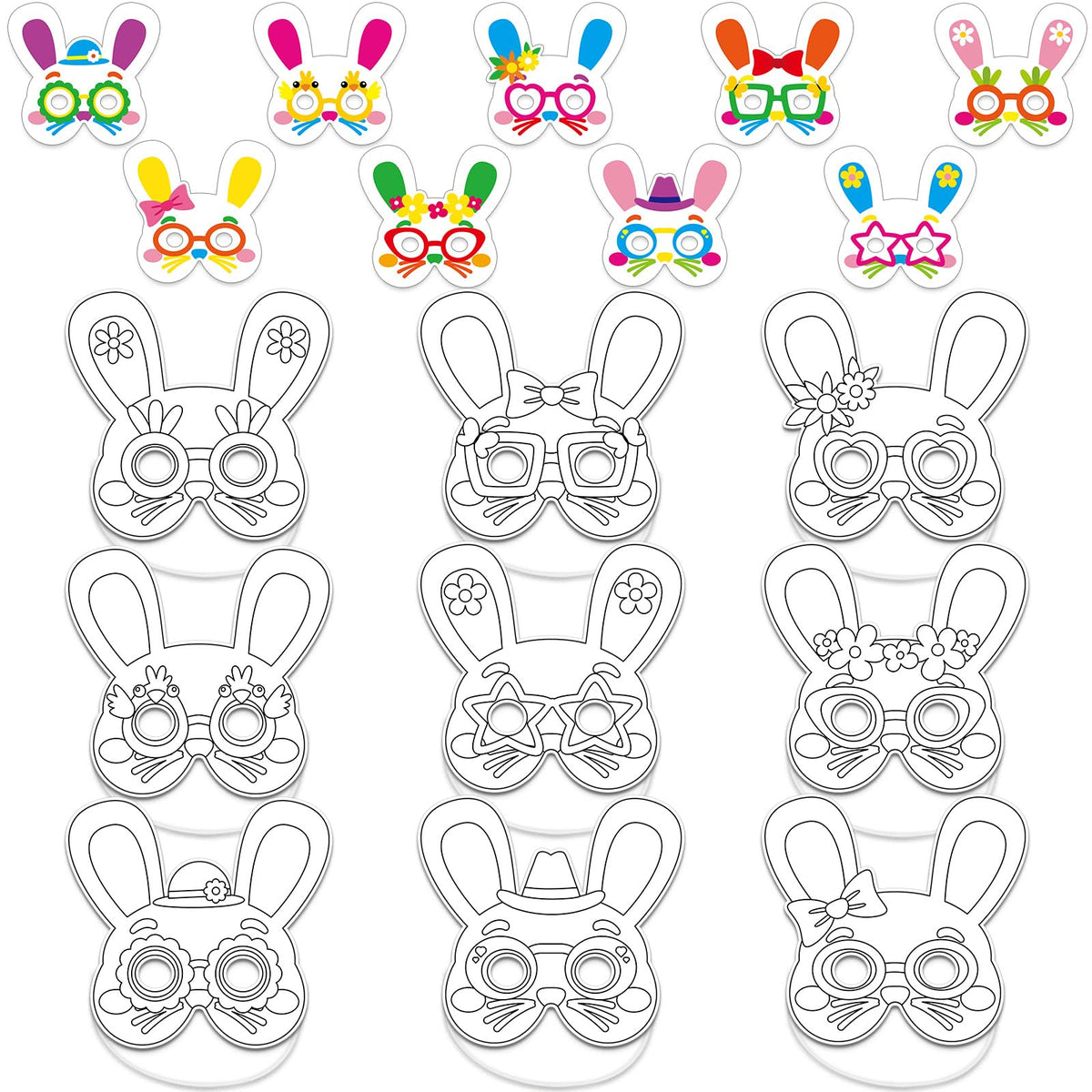 Lonfliness Easter masks collection with blank bunny outlines for coloring and festive fun.