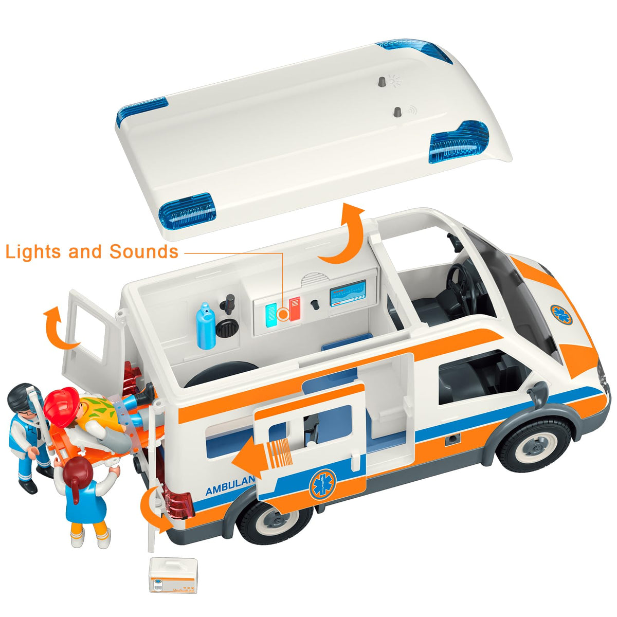 Lonfypeng ambulance toy with stretcher and accessories supports patient transport play.