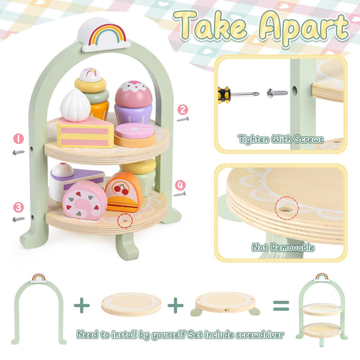 Lonico cupcake stand invites kids to pour, share, and sample pretend treats.