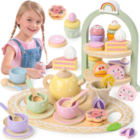 Lonico wooden tea party set with dessert stand for imaginative play and shared tea moments.