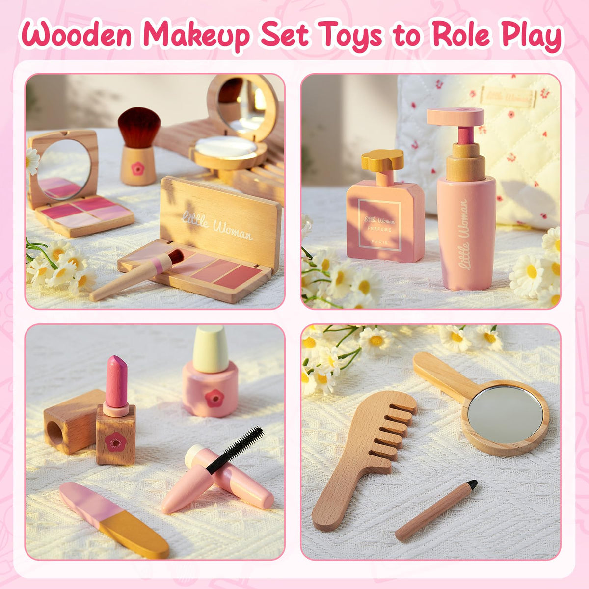 Lonico wooden eyeshadow tray with vibrant colors for safe pretend makeup.