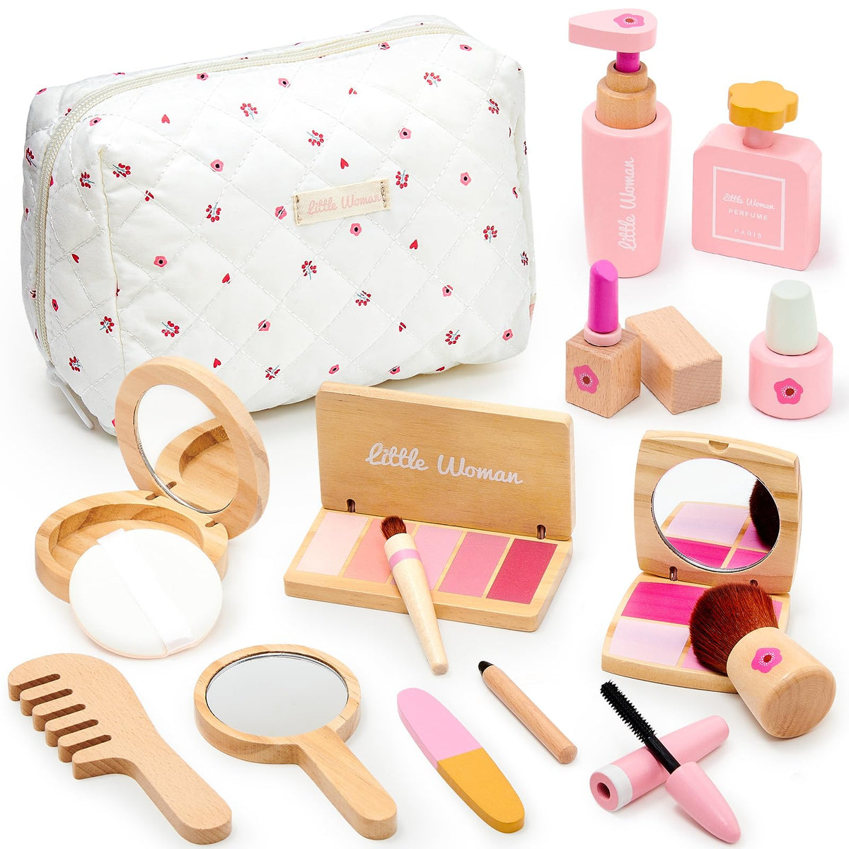 Lonico wooden makeup toy set with bag and accessories for imaginative dress-up play.