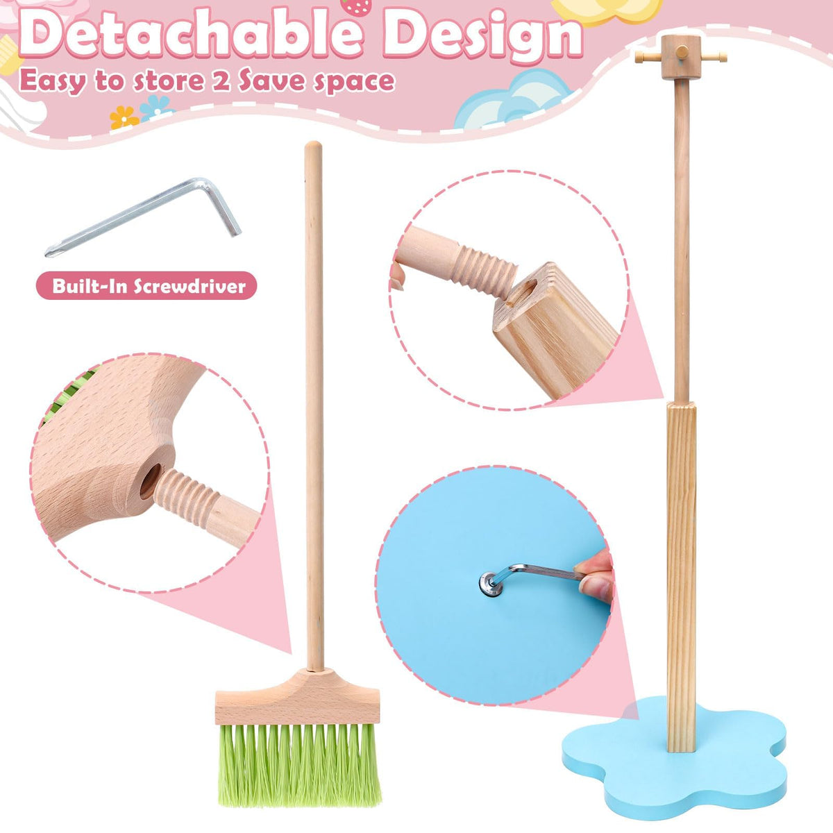 Lonico wooden rack helps kids organize tools during imaginative housekeeping.