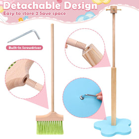 Lonico wooden rack helps kids organize tools during imaginative housekeeping.