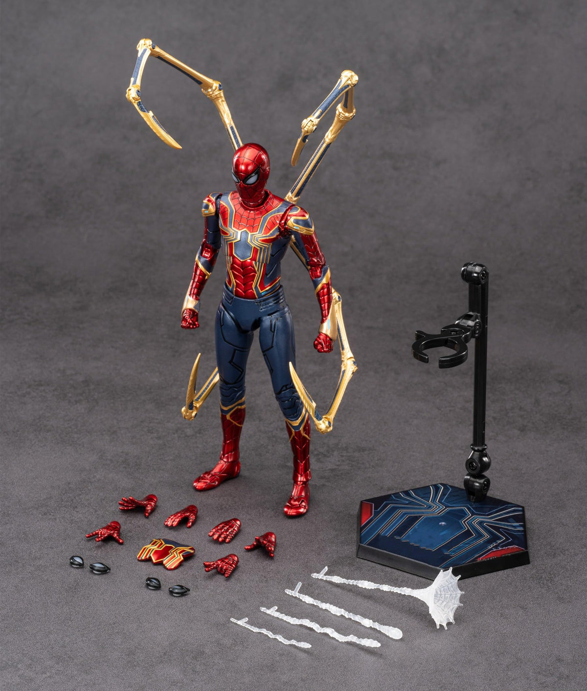 LonullyMege Iron Spider display base enables elevated aerial poses.