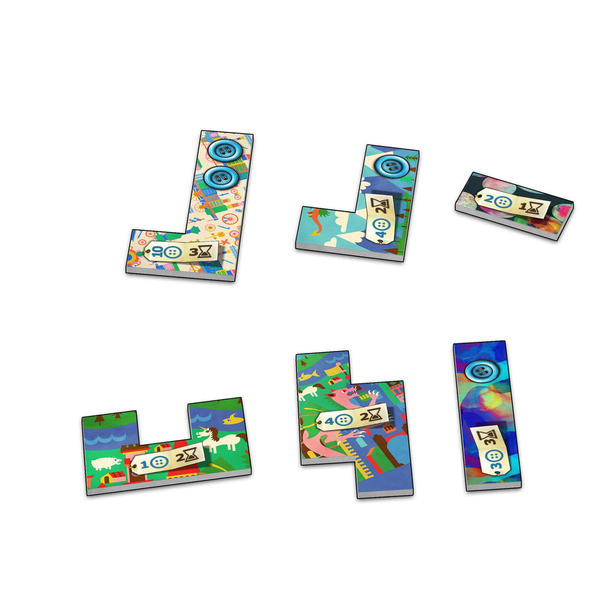 Lookout Patchwork wooden tokens with game boards ready for quick family play.