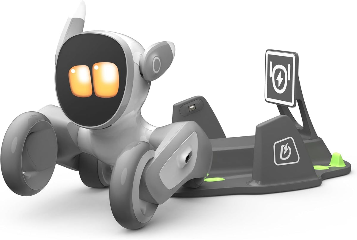 Loona robot pet dog at the charging dock enabling auto-recharge
