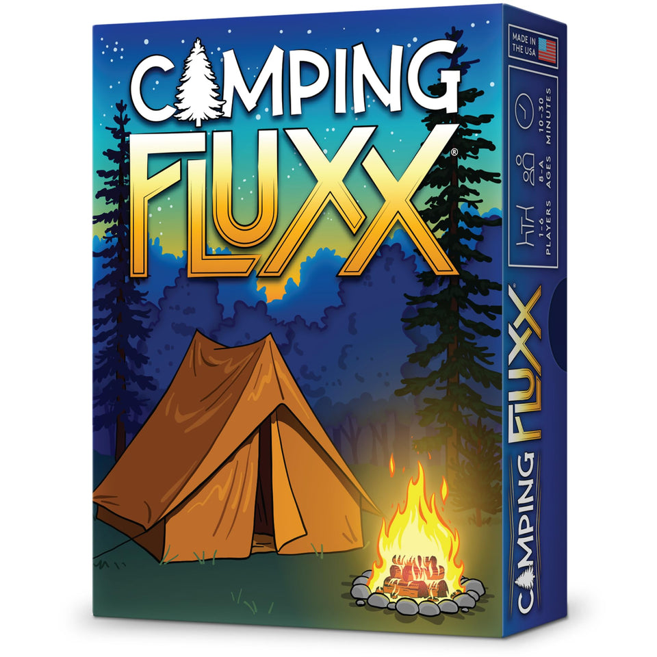 Looney Labs Camping Fluxx card game box ready for family camping