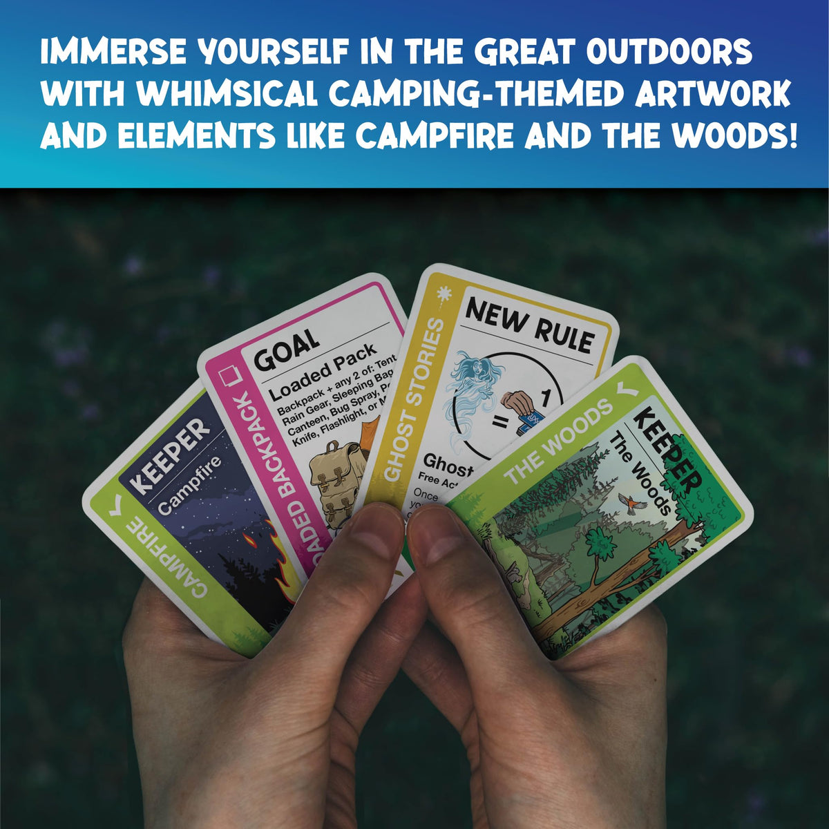 Camping-themed Fluxx illustration with tents and s'mores