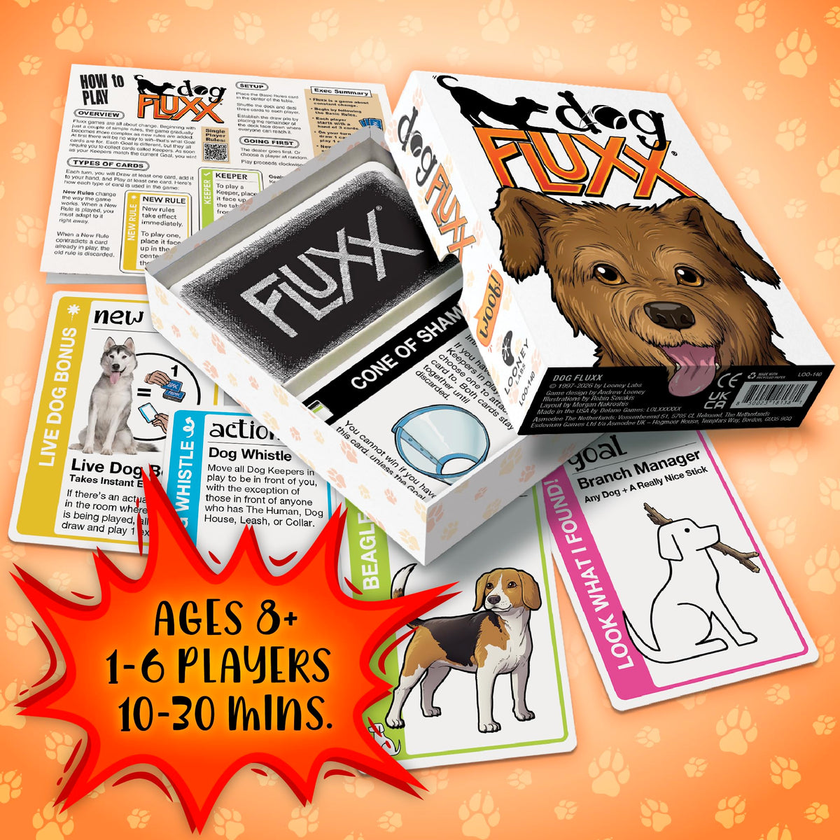 Close-up of Looney Labs Dog Fluxx cards with playful dog illustrations and evolving rules.