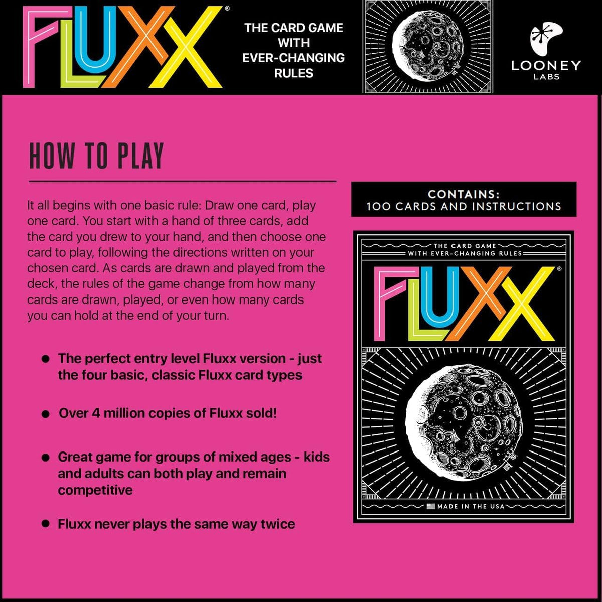 Box open with 100 Fluxx 5.0 cards ready for fast play