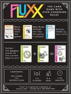 Fluxx 5.0 draw-and-play cards illustrating changing rules for dynamic rounds