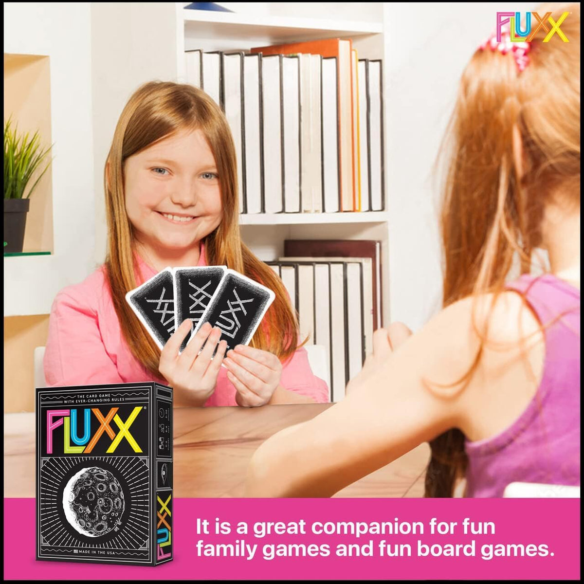 Family game night setup with Fluxx 5.0 for 2-6 players