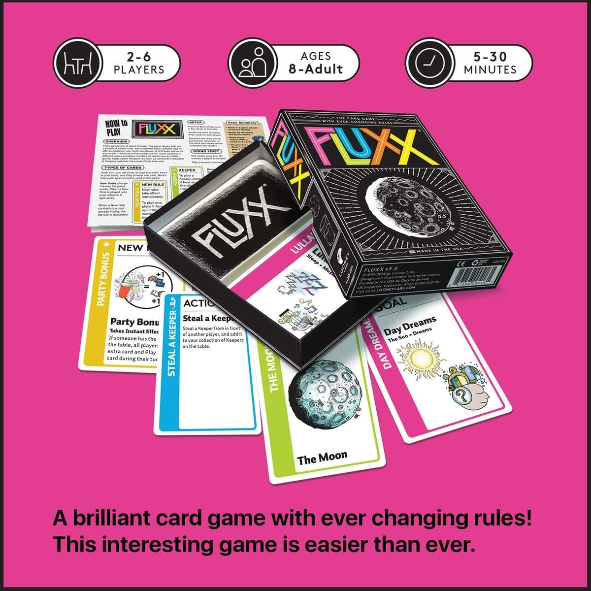 Close-up of Fluxx 5.0 rule cards introducing fresh challenges