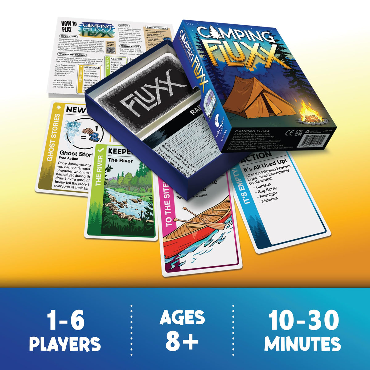 Fluxx cards spread on campsite table for quick play
