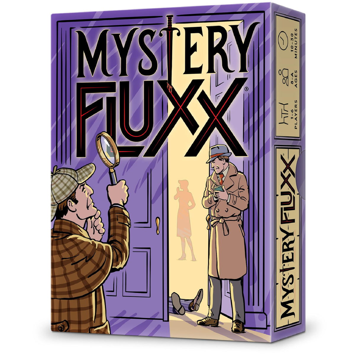 Looney Labs Mystery Fluxx box front showing clues, ideal for family game night.