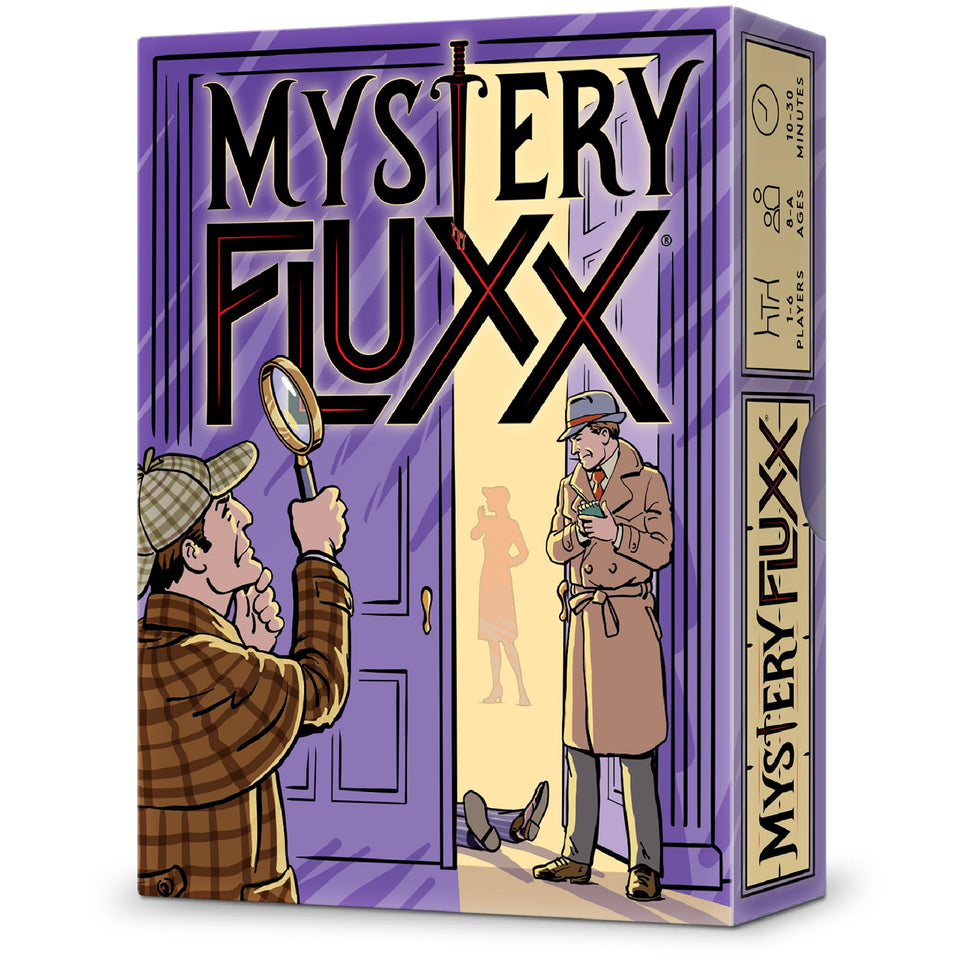 Looney Labs Mystery Fluxx box front showing clues, ideal for family game night.