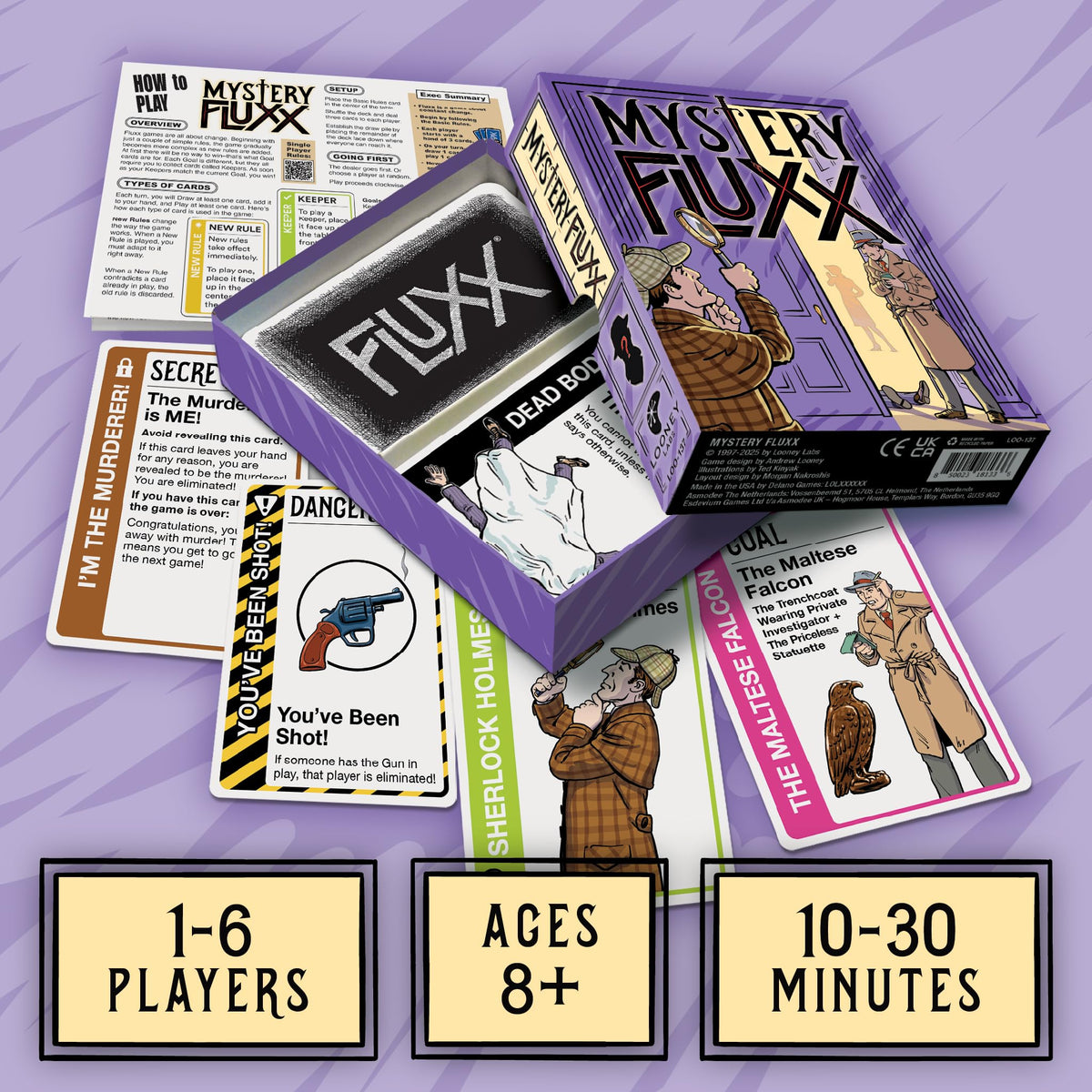 Looney Labs Mystery Fluxx cards in play promote clue-based challenges for groups.