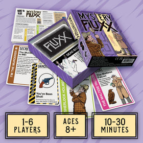 Looney Labs Mystery Fluxx cards in play promote clue-based challenges for groups.