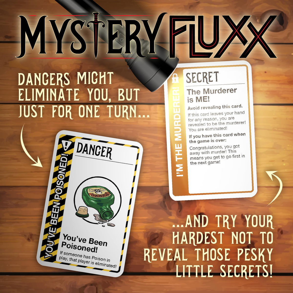Tabletop play area set for a quick 10–30 minute Mystery Fluxx session.