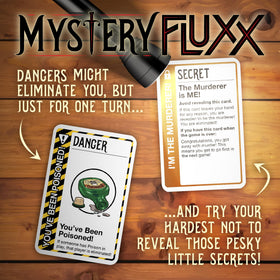 Tabletop play area set for a quick 10–30 minute Mystery Fluxx session.