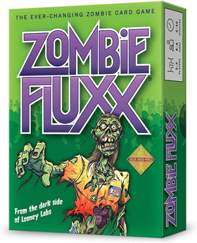 Looney Labs Zombie Fluxx box art showing energetic zombie-themed design for family game night
