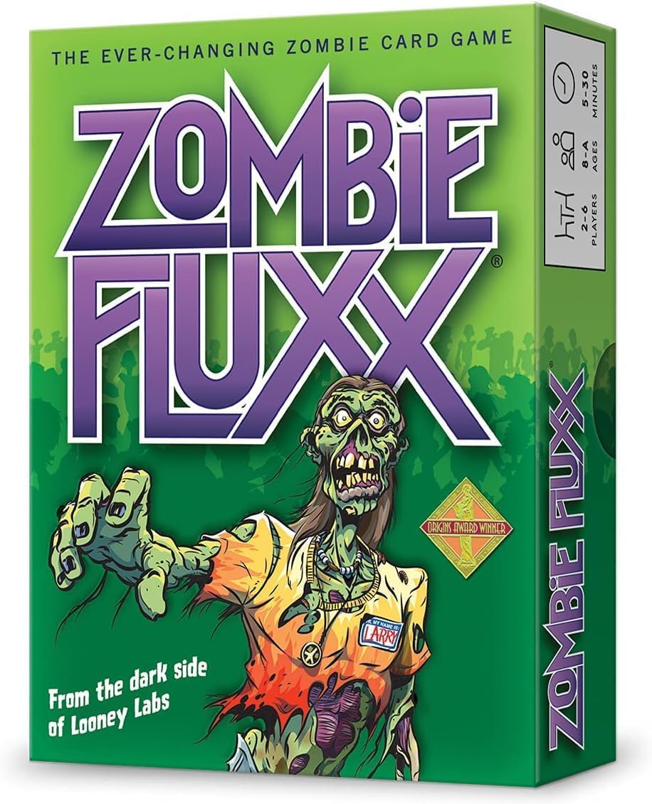 Looney Labs Zombie Fluxx box art showing energetic zombie-themed design for family game night