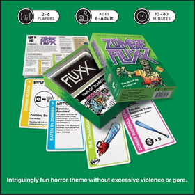 Looney Labs Zombie Fluxx family game night setup with friends and kids
