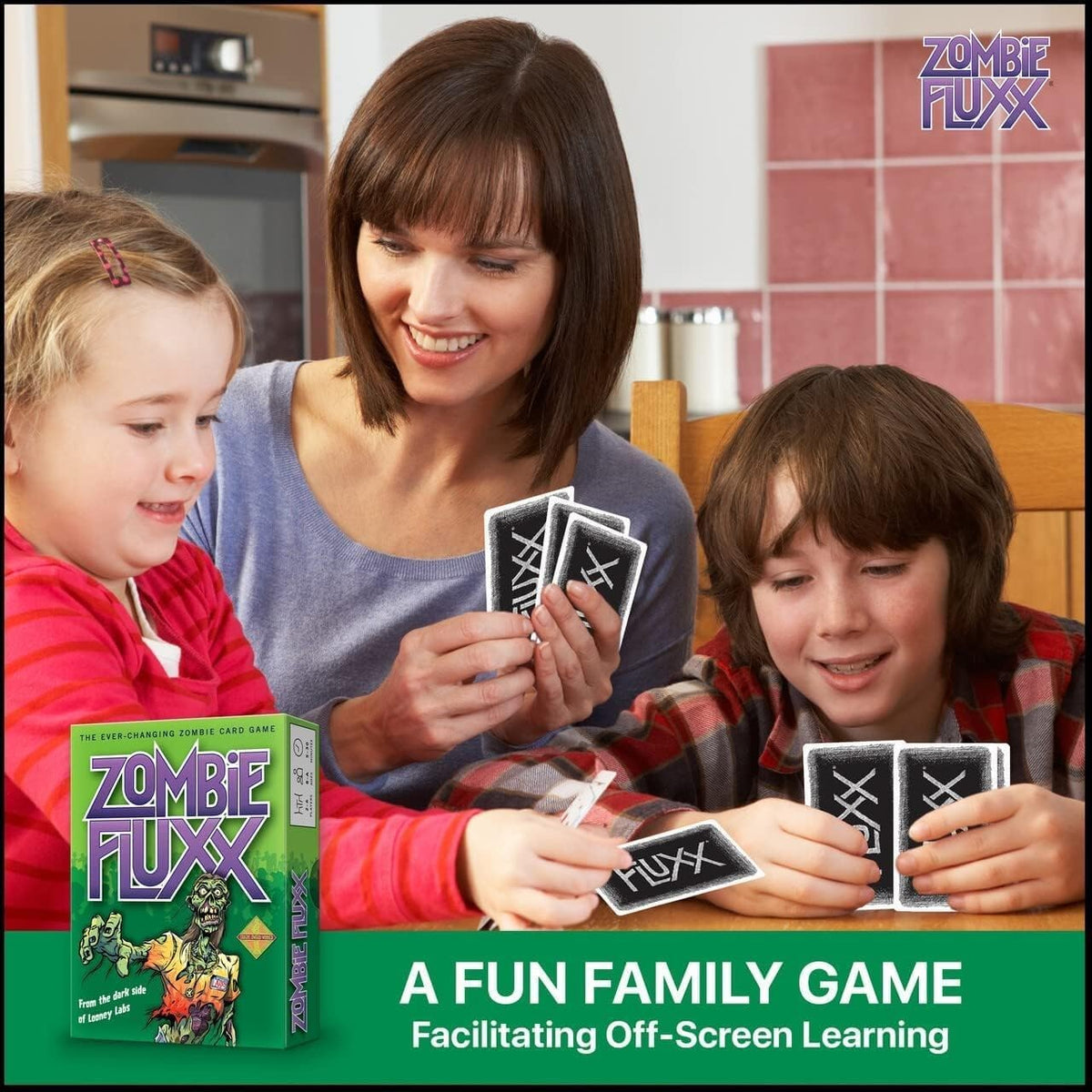 Looney Labs Zombie Fluxx setup scene illustrating quick rules and draw-play flow