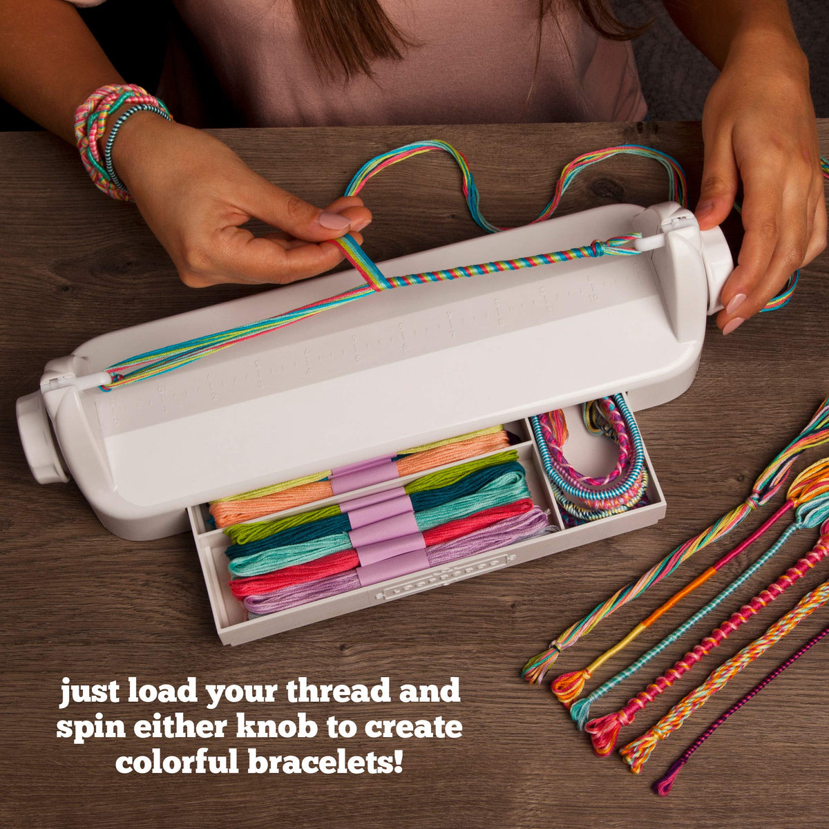 Loopdedoo kit includes 12 skeins of 100% cotton thread for vibrant bracelets.