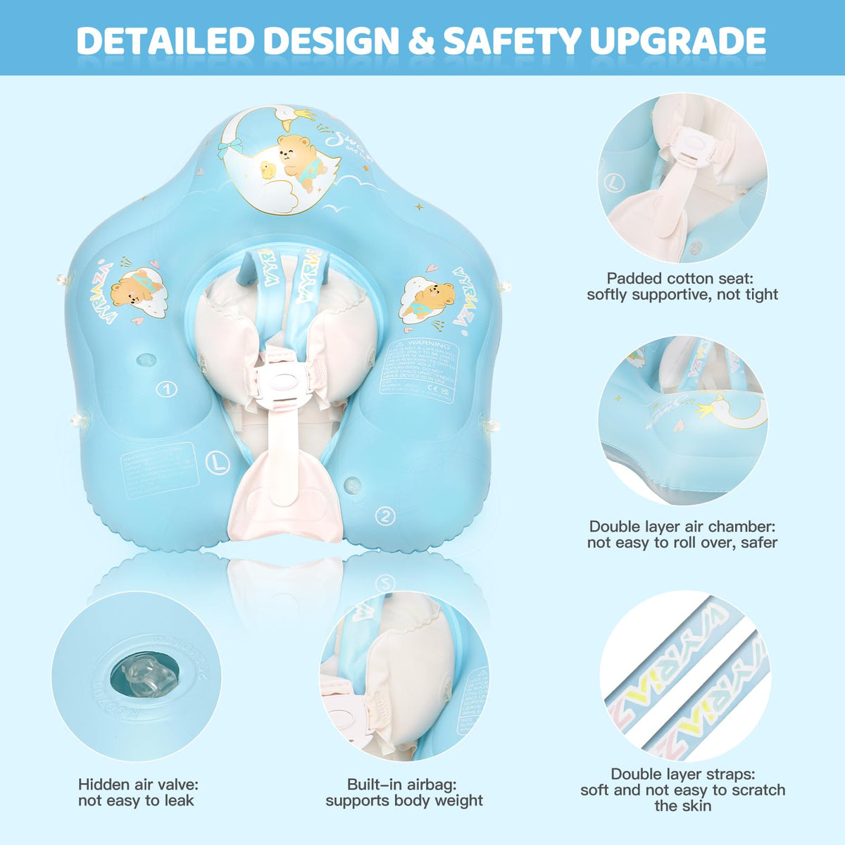 LOOWARTS baby float features UPF50+ sun protection coating.