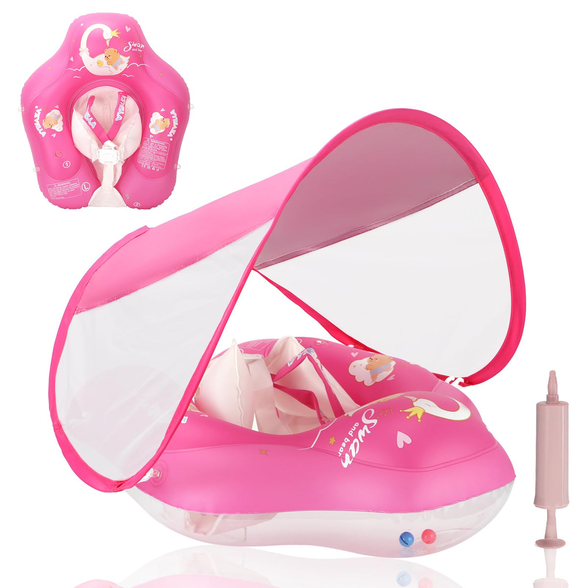 LOOWARTS baby float with canopy provides UPF50+ sun protection for outdoor pool time.