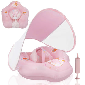 LOOWARTS baby float with canopy offers shade and UV protection for outdoor swimming.