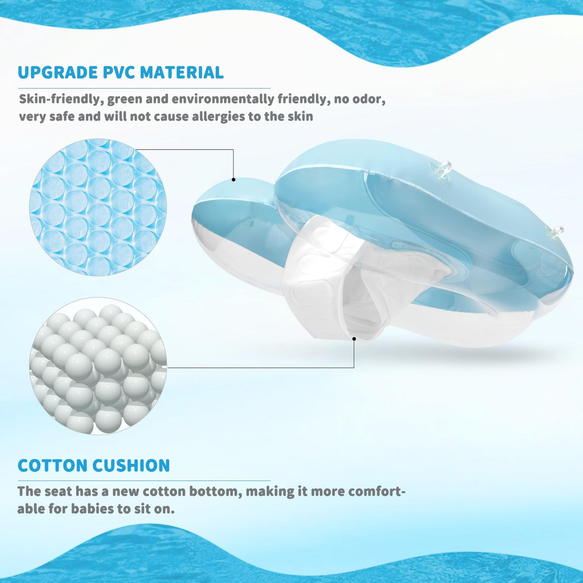 Loowarts baby float with safety seat supports infant posture during water play.