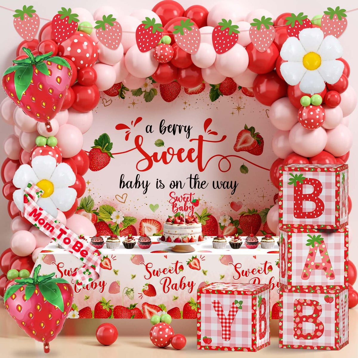 Lopeastar Berry Sweet Arrival balloons create a playful berry-themed baby shower backdrop