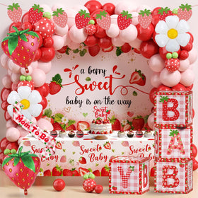 Lopeastar Berry Sweet Arrival balloons create a playful berry-themed baby shower backdrop