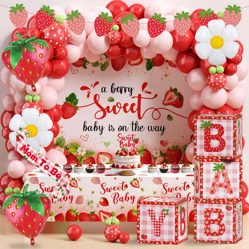 Lopeastar Berry Sweet Arrival balloons create a playful berry-themed baby shower backdrop