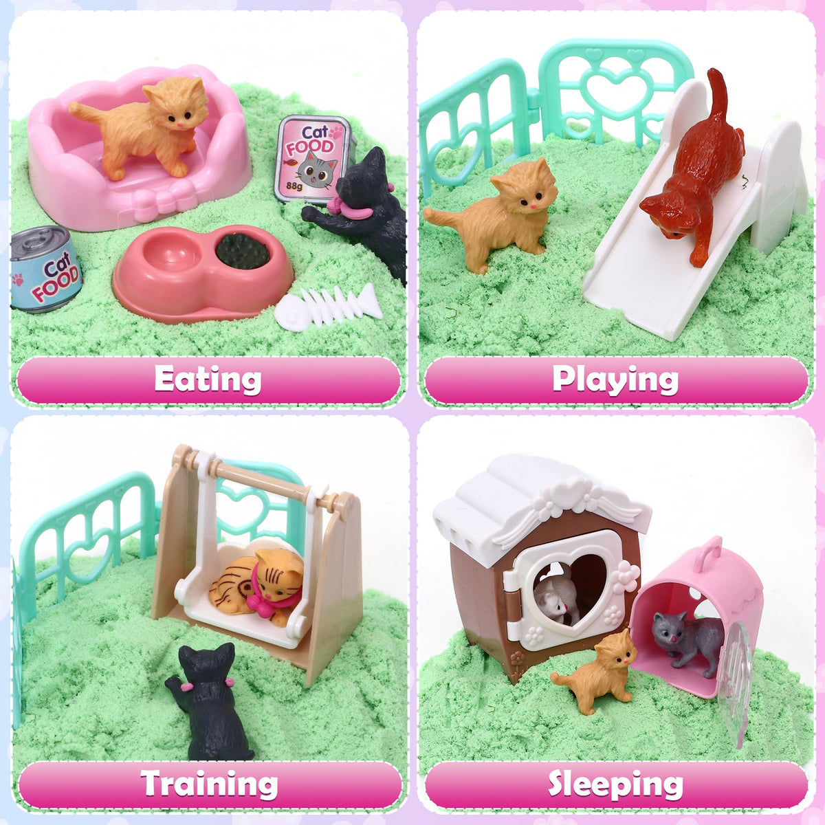 Lorfancy cat house, beds, slide and fence accessories for a complete pretend habitat