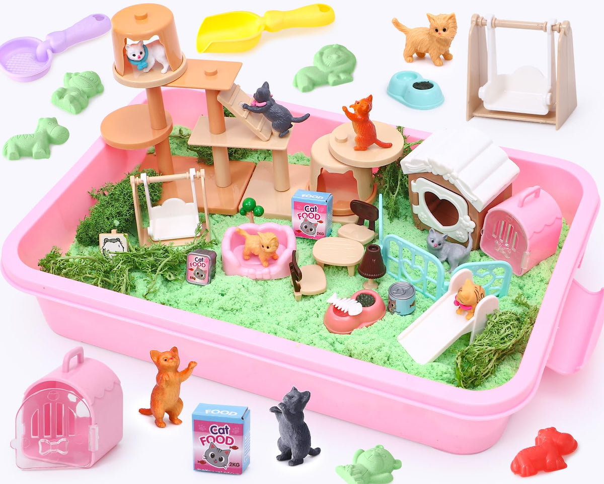 Lorfancy cat sandbox playset overview showing components for imaginative pretend play
