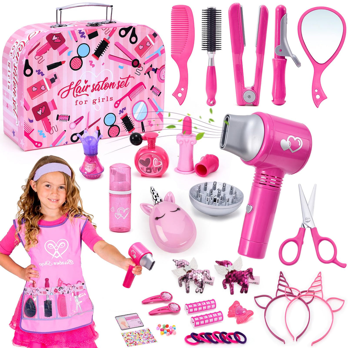 Lorfancy hair salon kit contents for imaginative dress-up play and creativity.