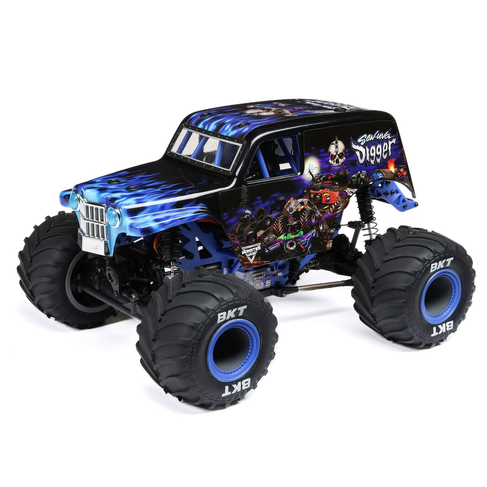 Losi 1/18 Mini LMT Son Uva Digger front view with licensed body for authentic scale look.