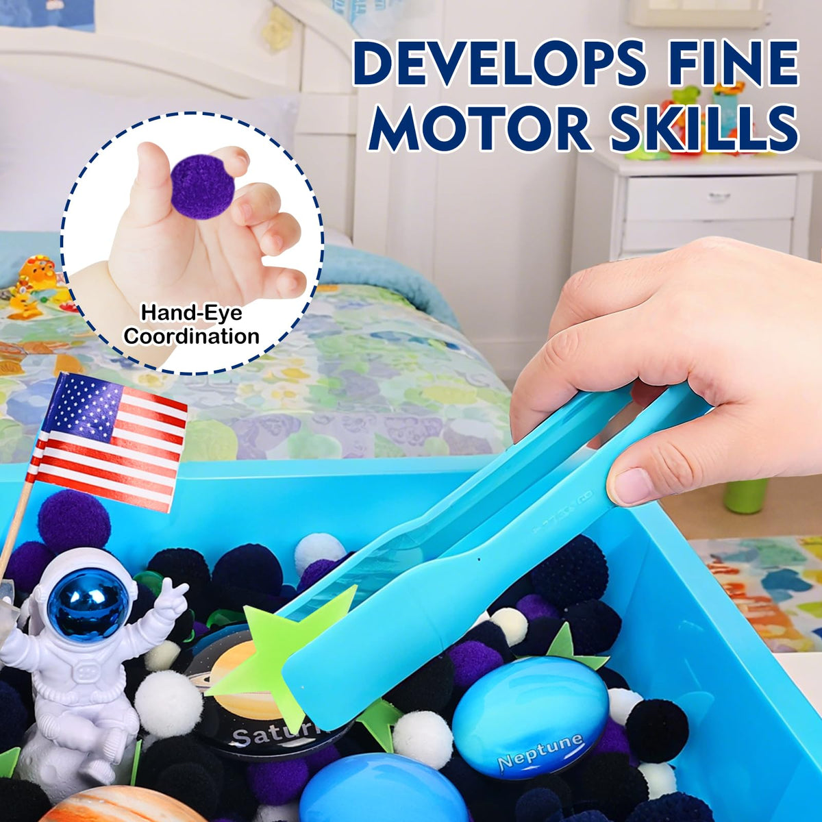Losnakt Space Sensory Bin soft pom-poms: no-mess filler for tidy sensory exploration.