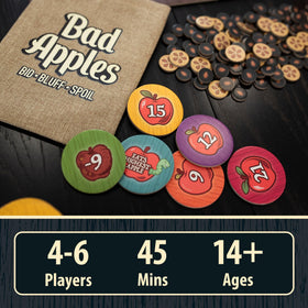 Lost Boy Entertainment Bad Apples apples and tokens in action during a bluff-filled party round.