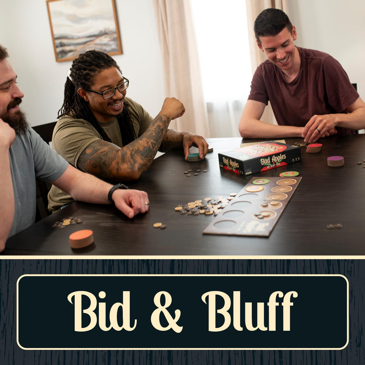Lost Boy Entertainment Bad Apples players bluffing during a strategic bidding moment.