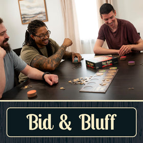 Lost Boy Entertainment Bad Apples players bluffing during a strategic bidding moment.