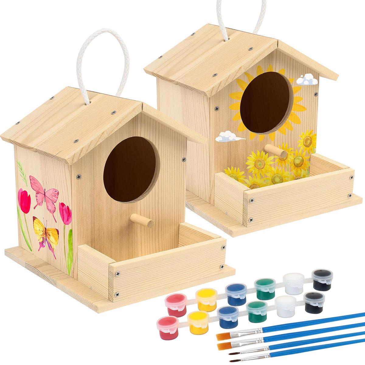 LotFancy Bird House Kit two-pack on table, ready for assembly and painting