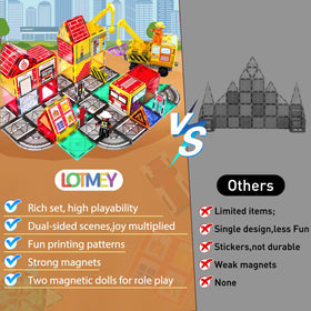 Lotmey crane-truck and car base enable action-packed construction scenes.