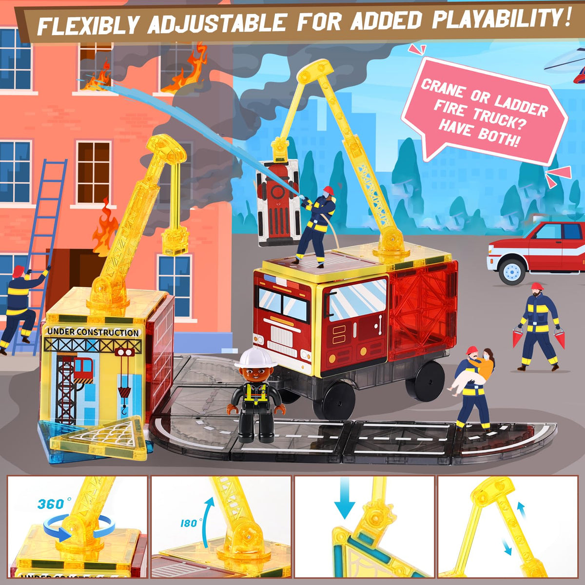 Lotmey dolls and extendable cranes support interactive storytelling and role play.
