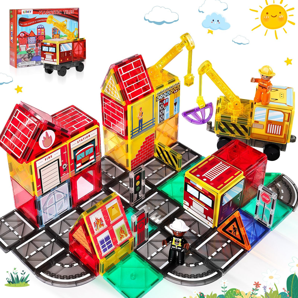 Lotmey magnetic road set with cranes and roads for imaginative play.